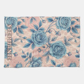 Retro Blue Rose Pattern on Soft Pink Background キッチンタオル (横)