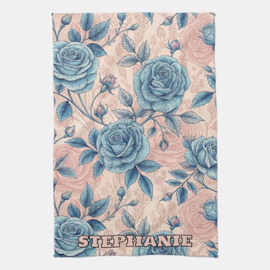 Retro Blue Rose Pattern on Soft Pink Background キッチンタオル (縦)