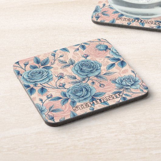 Retro Blue Rose Pattern on Soft Pink Background コースター (左側)