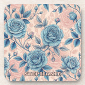 Retro Blue Rose Pattern on Soft Pink Background コースター (正面)