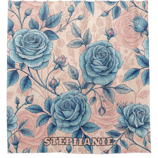 Retro Blue Rose Pattern on Soft Pink Background シャワーカーテン (正面)