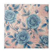 Retro Blue Rose Pattern on Soft Pink Background タイル (正面)