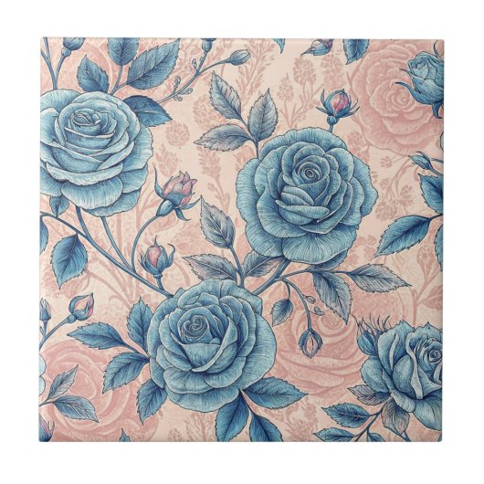 Retro Blue Rose Pattern on Soft Pink Background タイル (正面)