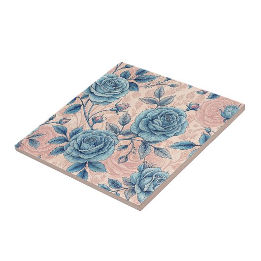Retro Blue Rose Pattern on Soft Pink Background タイル (側面)