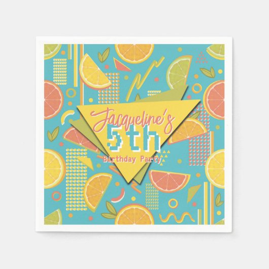 Retro Blue Summer Citrus Fruit Birthday スタンダードカクテルナプキン (正面)