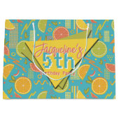 Retro Blue Summer Citrus Fruit Birthday ラージペーパーバッグ (正面)