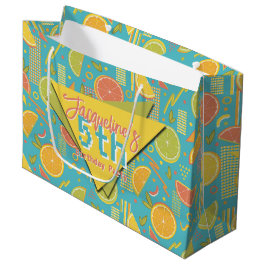 Retro Blue Summer Citrus Fruit Birthday ラージペーパーバッグ