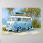 Retro Blue Surf VW Van Coastal Wall Art | Poster ポスター (正面)