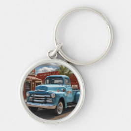 Retro Blue Truck Travel Round Keychain キーホルダー