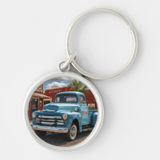 Retro Blue Truck Travel Round Keychain キーホルダー (正面)