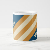 Retro Blue Wave Stripes with Name ジャンボコーヒーマグカップ (正面)