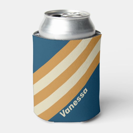 Retro Blue Wave Stripes with Name 缶クーラー (缶正面)
