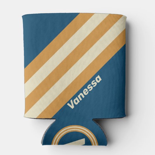 Retro Blue Wave Stripes with Name 缶クーラー (裏面)