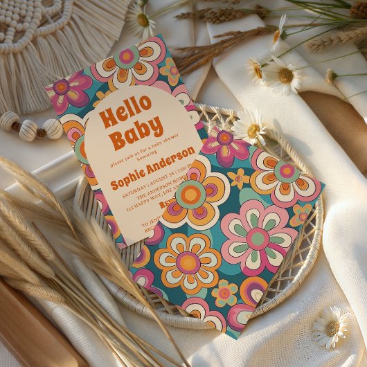 Retro Boho 70s Groovy Floral Baby Shower    招待状