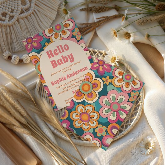 Retro Boho 70s Groovy Floral Baby Shower    招待状