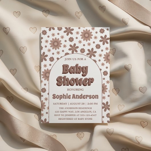 Retro Boho Brown Arch Daisy Floral Baby Shower 招待状