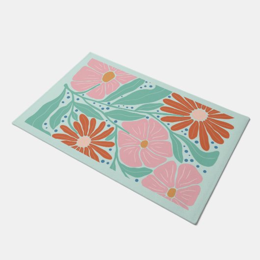Retro Boho Chic Flowers Mint  ドアマット (アングル)