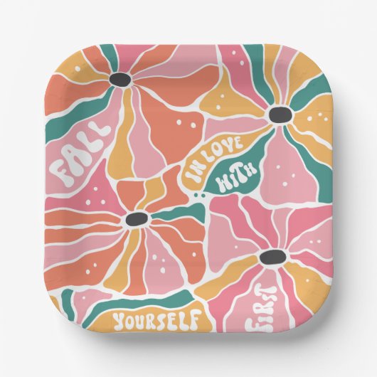 Retro Boho Floral Fall In Love  ペーパープレート (正面)