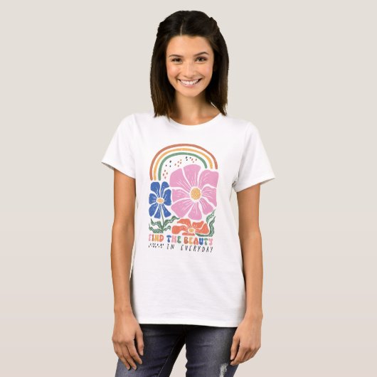 Retro Boho Floral Rainbow Quote  Tシャツ (正面フル)