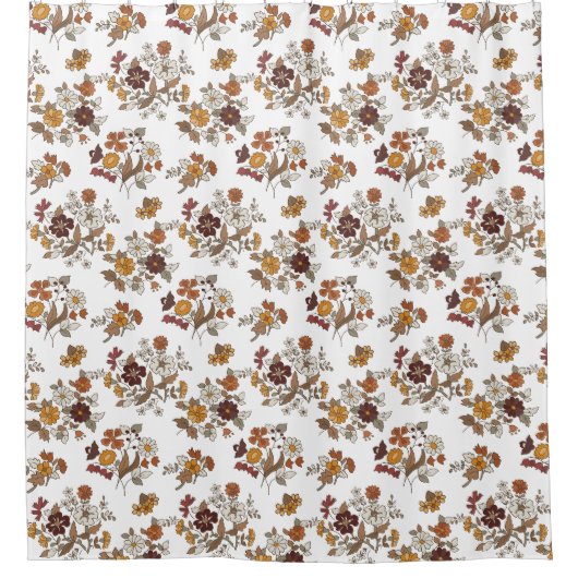 Retro Boho Flowers Mediterranean Pattern  シャワーカーテン (正面)