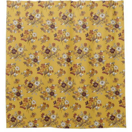 Retro Boho Flowers Mediterranean Pattern  シャワーカーテン (正面)