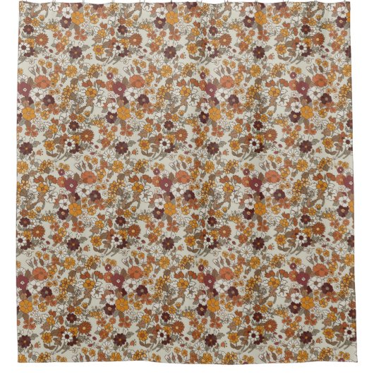 Retro Boho Flowers Mediterranean Pattern シャワーカーテン (正面)