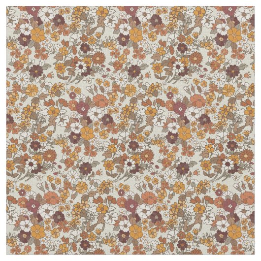 Retro Boho Flowers Mediterranean Pattern ファブリック (クローズアップ)