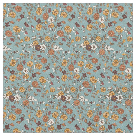Retro Boho Flowers Mediterranean Pattern ファブリック (クローズアップ)
