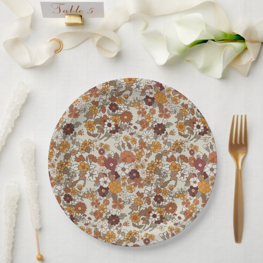 Retro Boho Flowers Pattern ペーパープレート (ウェディング)