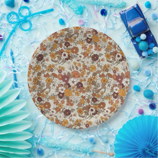 Retro Boho Flowers Pattern ペーパープレート (パーティー)