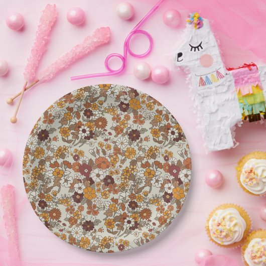 Retro Boho Flowers Pattern ペーパープレート (パーティー)