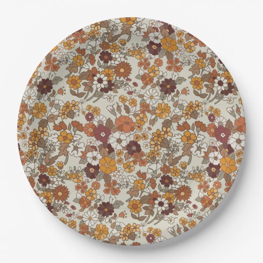 Retro Boho Flowers Pattern ペーパープレート (正面)