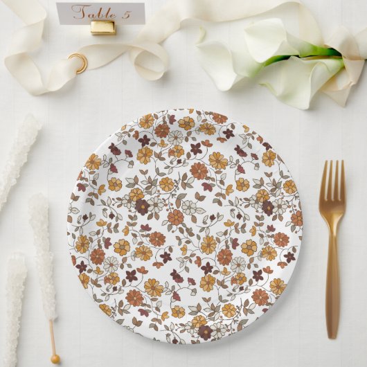 Retro Boho Flowers Pattern ペーパープレート (ウェディング)