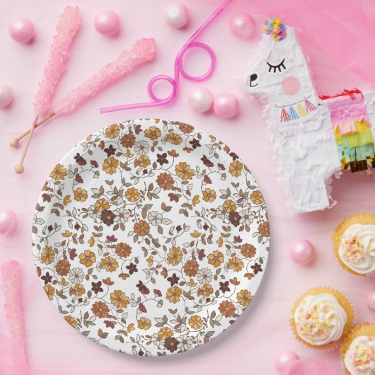 Retro Boho Flowers Pattern  ペーパープレート (パーティー)