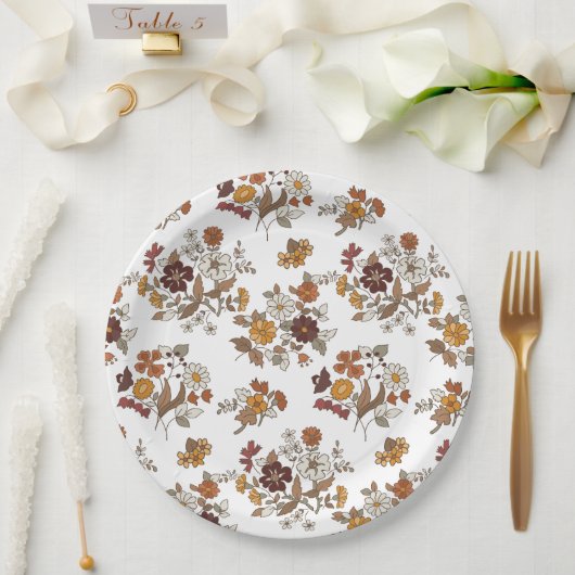 Retro Boho Flowers Pattern  ペーパープレート (ウェディング)