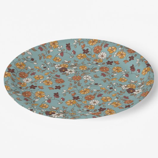 Retro Boho Flowers Pattern  ペーパープレート (アングル)