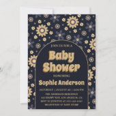 Retro Boho Navy Floral Arch Baby Shower 招待状 (正面)
