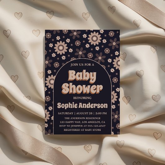 Retro Boho Navy Floral Arch Baby Shower 招待状
