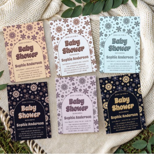 Retro Boho Navy Floral Arch Baby Shower 招待状