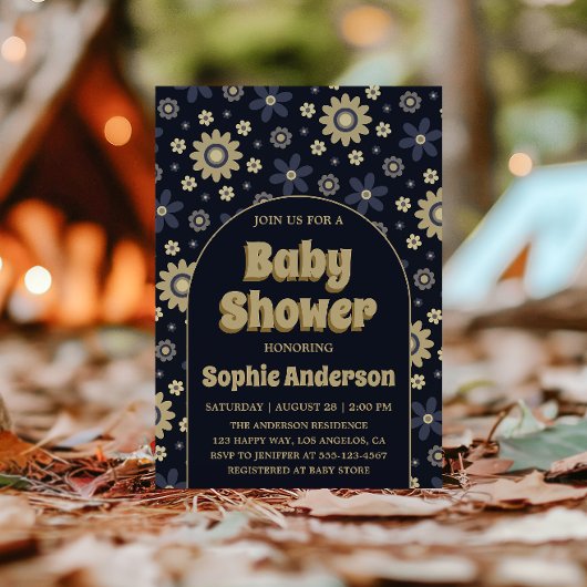 Retro Boho Navy Floral Arch Baby Shower 招待状