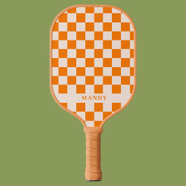 Retro Boho Orange Checkerboard Custom Name ピックルボールラケット
