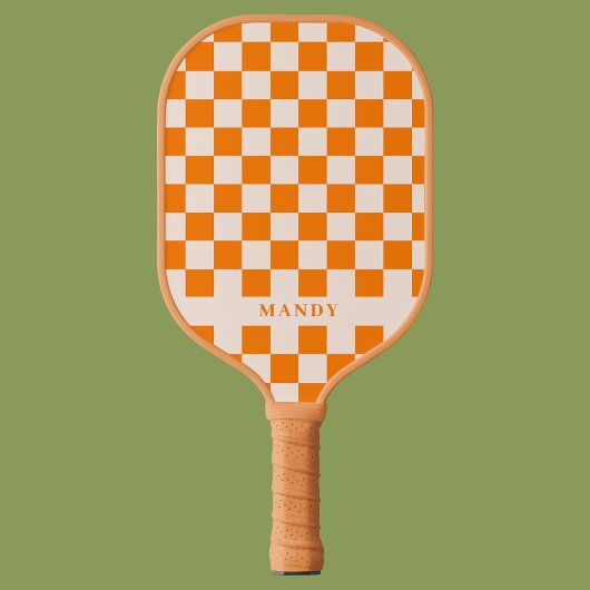 Retro Boho Orange Checkerboard Custom Name ピックルボールラケット