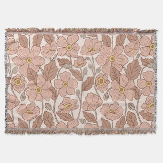 Retro Boho Pink Botanical Illustrated Floral  スローブランケット