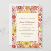 Retro Boho Pink Yellow Floral Groovy 60th Birthday 招待状 (正面)