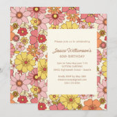 Retro Boho Pink Yellow Floral Groovy 60th Birthday 招待状 (正面/裏面)