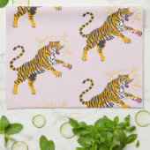 Retro Boho Roaring Tiger Orange Pink キッチンタオル (折り畳み)