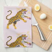 Retro Boho Roaring Tiger Orange Pink キッチンタオル (四つ折り)