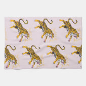 Retro Boho Roaring Tiger Orange Pink キッチンタオル (横)