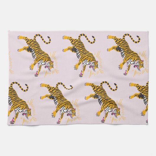 Retro Boho Roaring Tiger Orange Pink キッチンタオル (横)