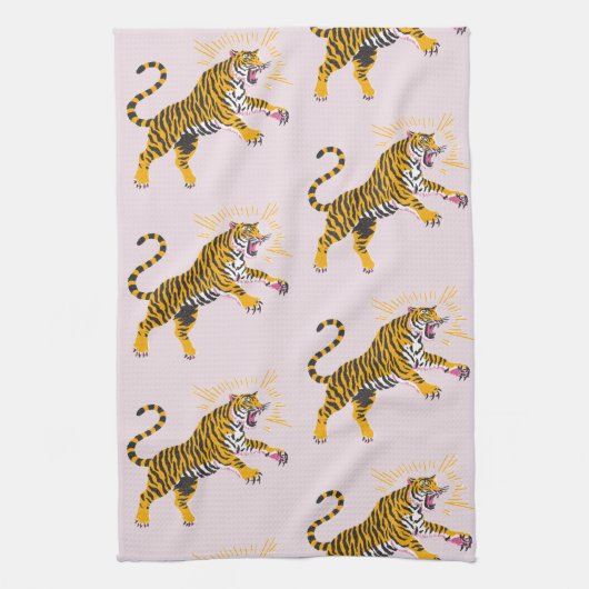 Retro Boho Roaring Tiger Orange Pink キッチンタオル (縦)